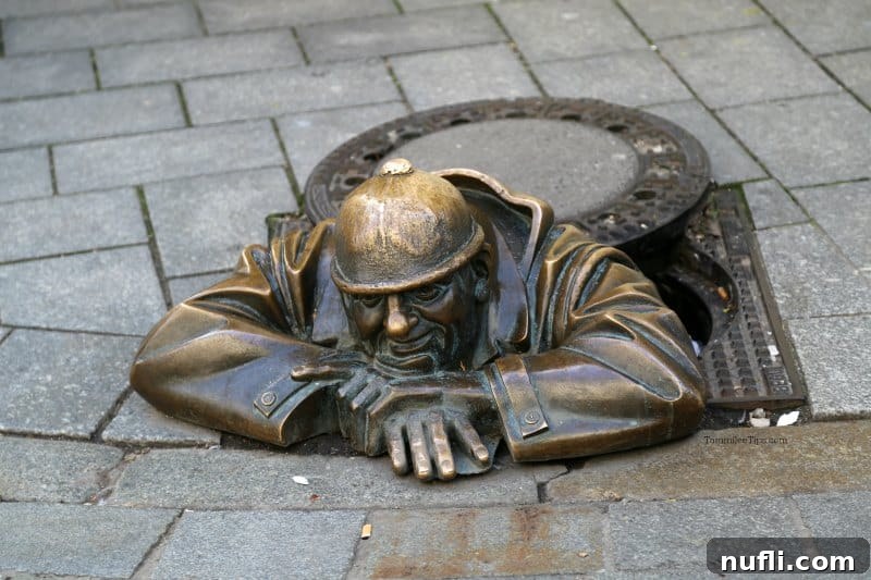 Bratislava Unveiled A Viking River Cruise Walking Experience 9 The iconic 'Man at Work' (ÄŚumil) manhole sculpture in Bratislava, a beloved and whimsical public art piece.