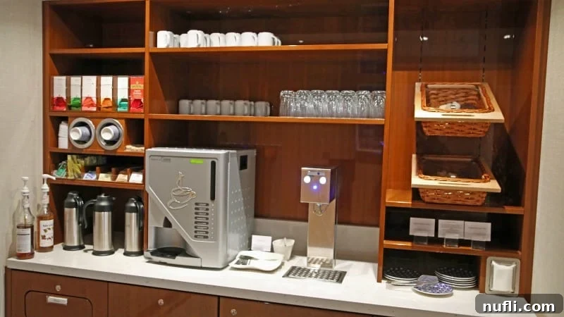 The Viking Vili River Cruise Ship: An Inside Look 11 Beverage area with a coffee maker, Monin syrups, teas, and glassware