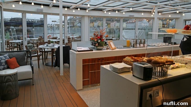 The Viking Vili River Cruise Ship: An Inside Look 8 Viking Vili lounge area with breakfast counter and food