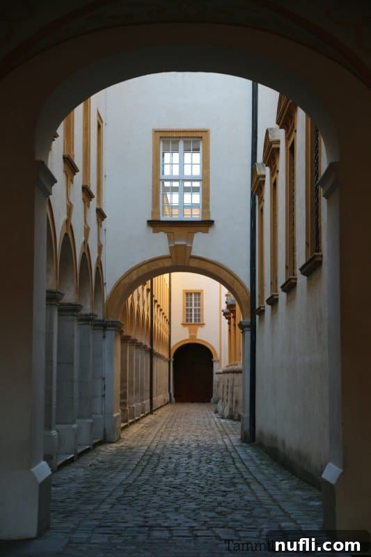 A long, elegant walkway within Melk Abbey, bordered by the characteristic white and yellow Baroque buildings on either side, leading deeper into the complex.