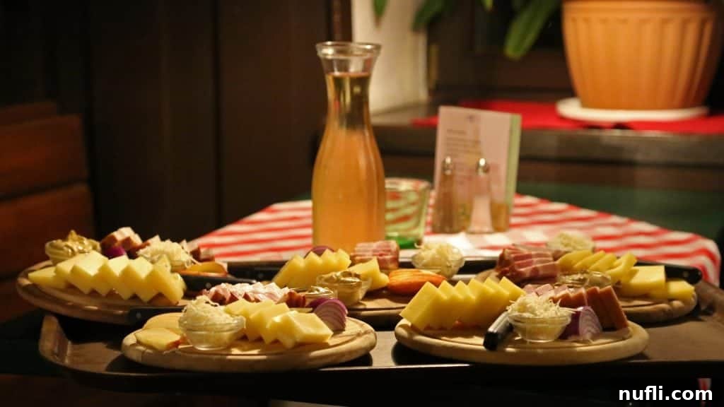 A wooden table laden with various cheeses, cured meats, crackers, and olives, alongside carafes of wine, characteristic of a traditional Heurigen dinner.