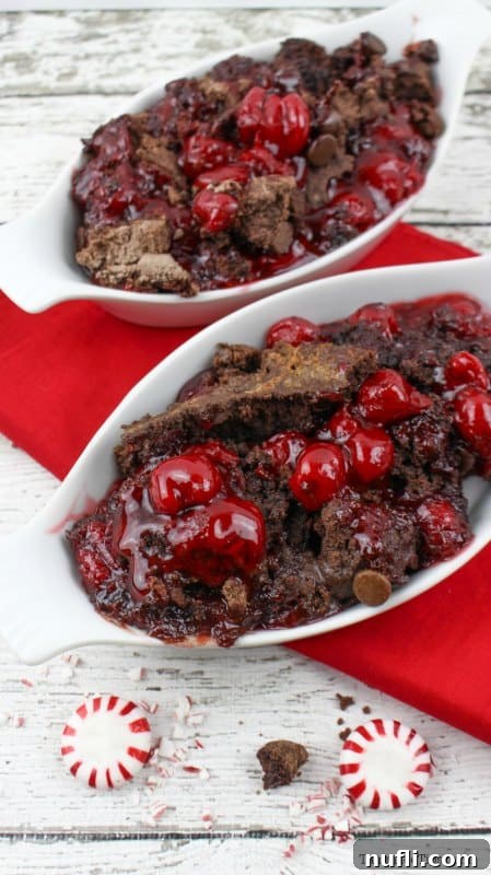 Two small white bowls filled with freshly baked Chocolate Peppermint Cherry Dump Cake, garnished with vibrant red peppermint candies, sitting on a rustic wooden surface.