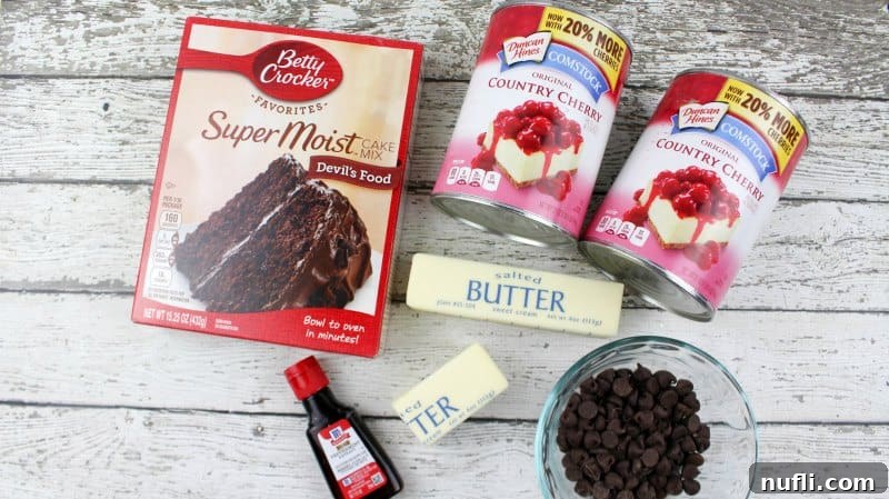 A flat lay arrangement of key ingredients for the Chocolate Peppermint Cherry Dump Cake: a box of chocolate cake mix, two cans of cherry pie filling, a stick of butter, a bottle of peppermint extract, and a small bowl of chocolate chips.