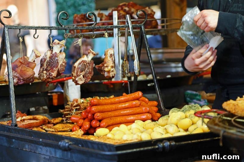 Hot dogs and hanging meat on a rack