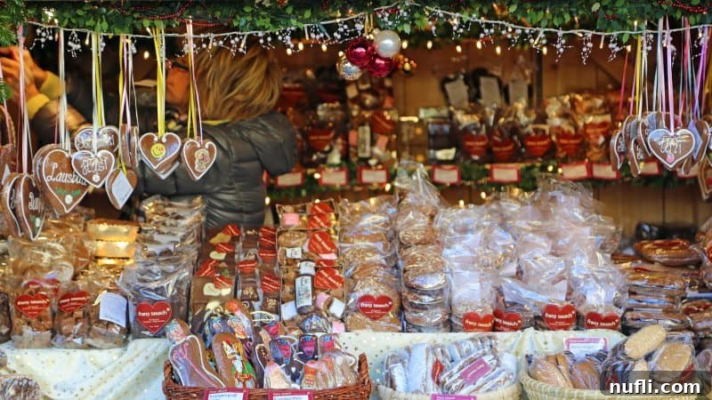 Christmas market stand filled with gingerbread and various festive cookies