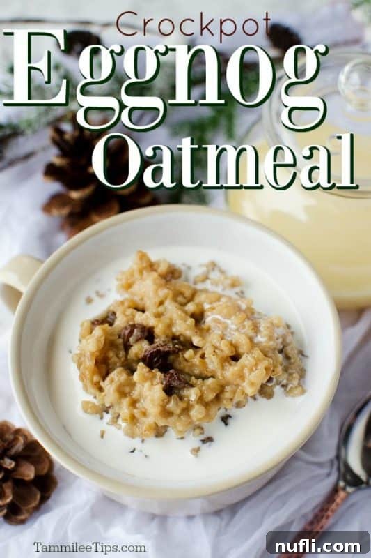 Slow Cooker Eggnog Oatmeal 2 Crock Pot Eggnog Oatmeal over a white bowl next to a container of eggnogs and pine cones, ready for a festive breakfast