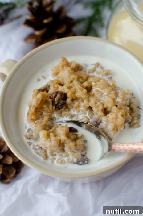 Slow Cooker Eggnog Oatmeal 4 A close-up of creamy Crock Pot Eggnog Oatmeal in a white bowl with a spoon, showing the perfect texture