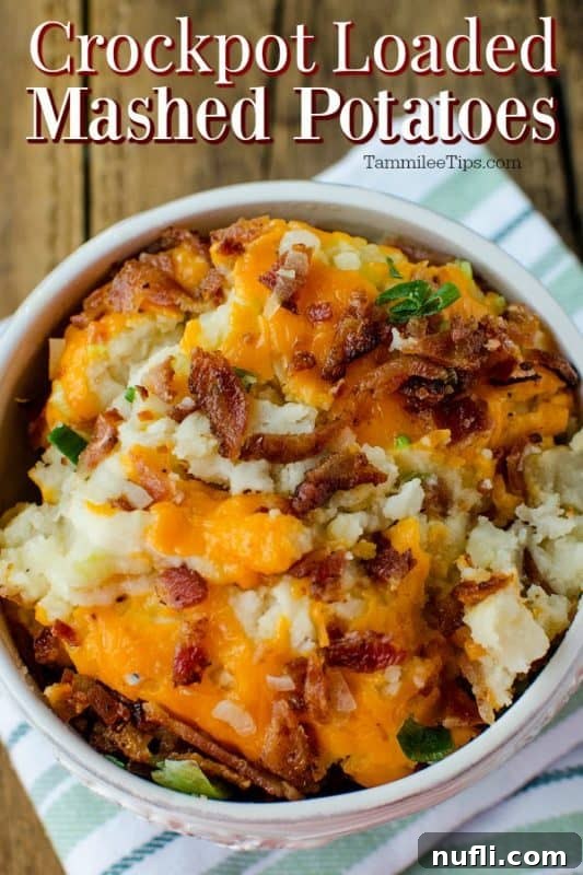 Decadent Slow Cooker Loaded Mashed Potatoes 2 Crockpot Loaded Mashed Potatoes over a white bowl with potatoes, cheese, bacon, and onion