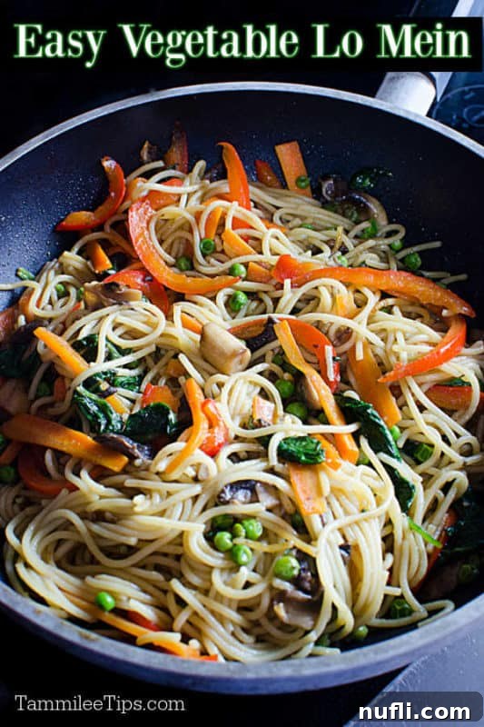 Easy vegetable lo mein overflowing in a pan, featuring glistening noodles and an assortment of fresh, colorful vegetables.