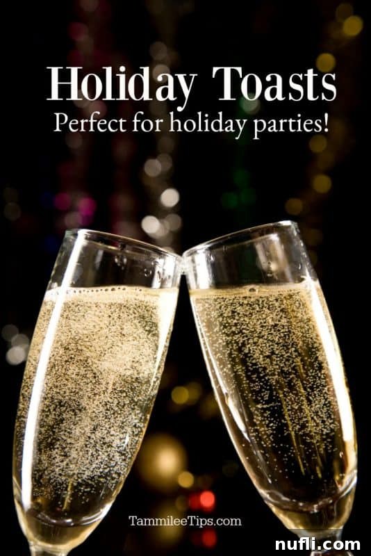 Holiday toasts perfect for holiday parties over two champagne glasses, symbolizing festive celebrations and joyous moments.