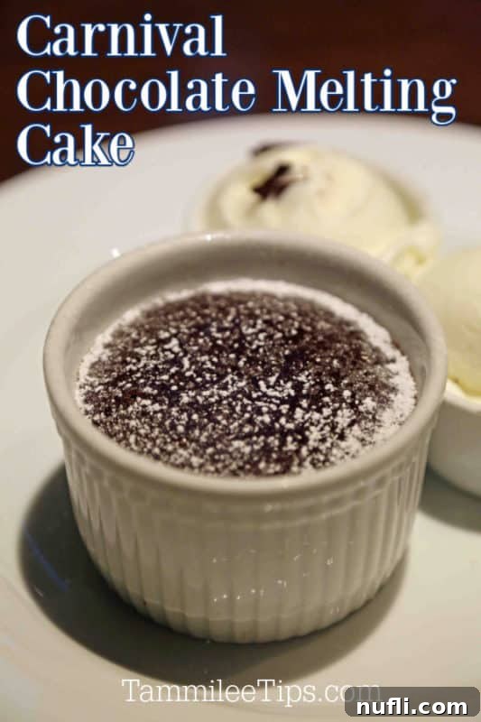 A delectable Carnival Chocolate Melting Cake in a pristine white ramekin, accompanied by a scoop of vanilla ice cream, ready to be enjoyed.
