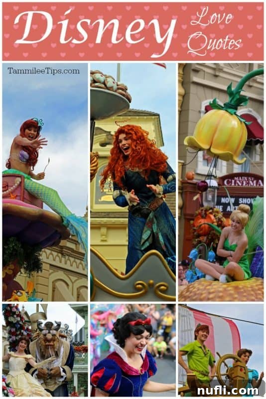 Disney Love Quotes printed over pictures of Ariel, Merida, Tinkerbell, Beauty and the Beast, Snow White, and Peter Pan
