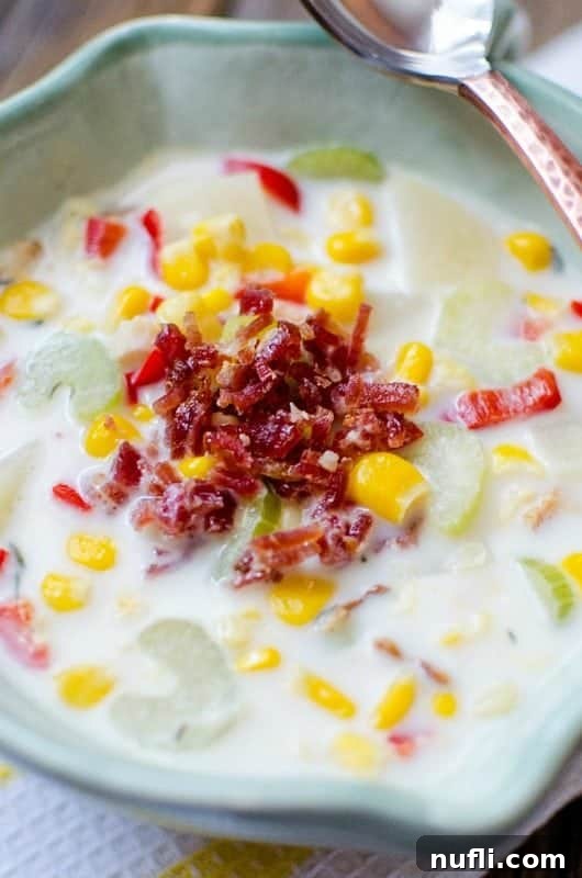 A light blue bowl filled with delicious slow cooker corn chowder, with a spoon resting on the rim.