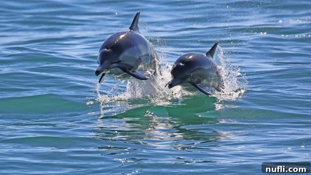 Channel Islands National Park Wildlife Expedition with Island Packers 2 Two agile common dolphins leaping gracefully out of the turquoise ocean water, showcasing their sleek bodies against the bright sunlight, a highlight of the Channel Islands wildlife cruise.