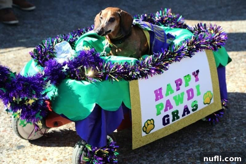 dog in a Happy Pawdi Gras wagon 