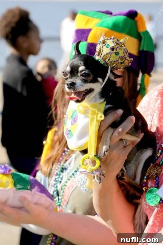 Dog wearing a crown and king cake bib 
