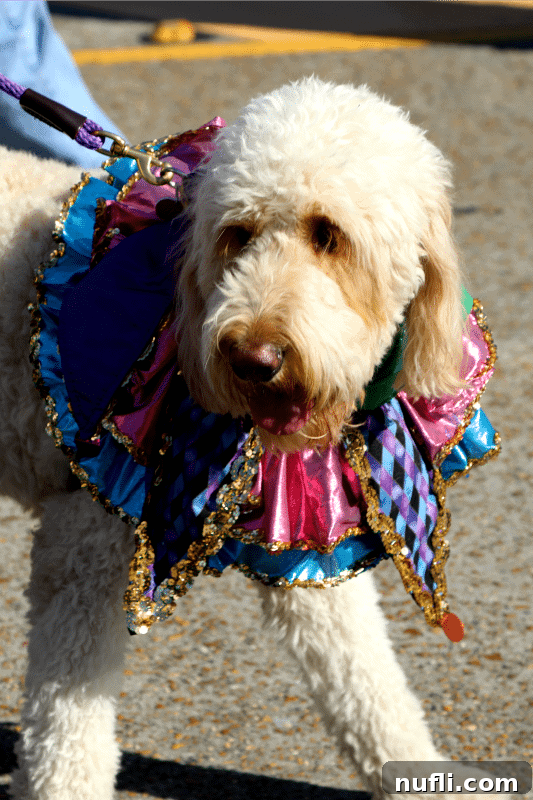 Dog wearing a mardi gras cape