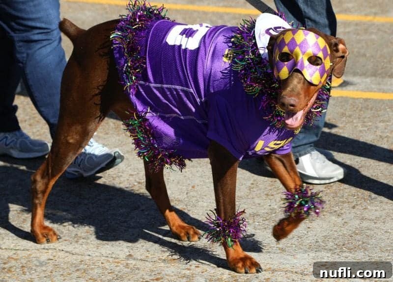 Doberman dressed in purple jersey and mask 