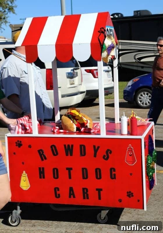 Rowdys hot dog cart with a weiner dog dressed as a hot dog 