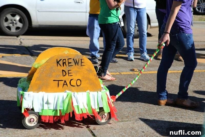Krewe de taco with a dog riding in the cart