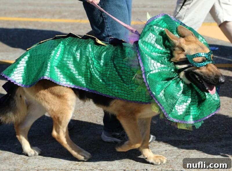 dog dressed in mardi gras costume with a mask 