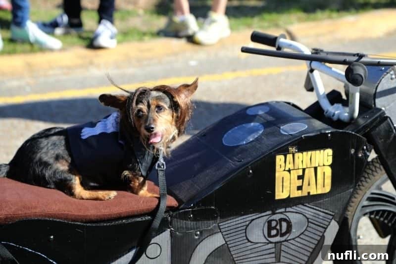 barking dead motorcyle with a dog riding on it 