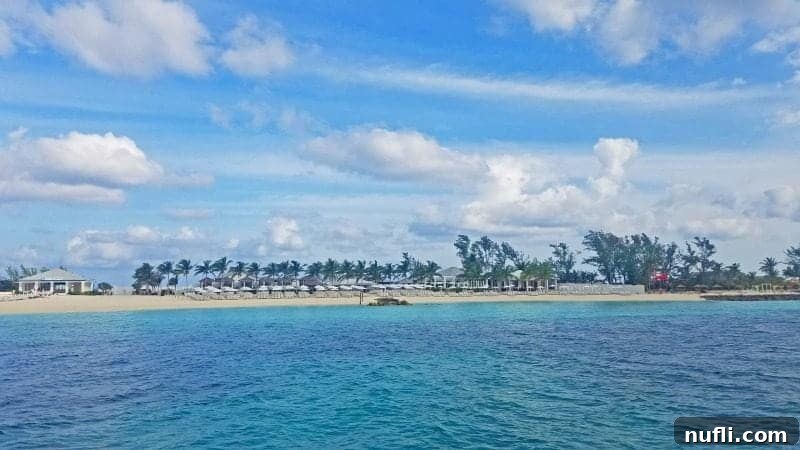 Tropical island beach with comfortable chairs and umbrellas over the sand