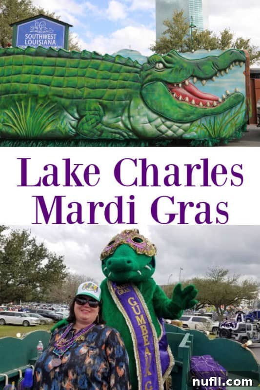 Lake Charles Mardi Gras: A participant on an alligator float, smiling amidst the festive chaos, embodying the spirit of celebration.