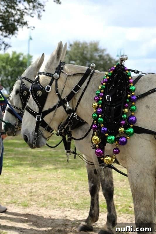 Horses adorned with colorful Mardi Gras beads, adding an elegant touch to the parade.