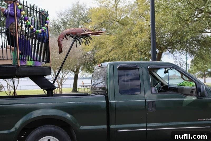 An elaborate crawfish sculpture attached to a truck's tow hitch, showcasing local flavor and artistry in the parade.