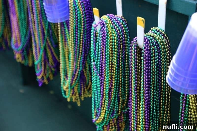 Mardi Gras beads hanging in abundance inside a parade float, waiting for eager hands to throw them.