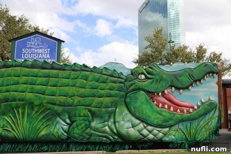 A festive alligator-themed float, brightly decorated for the Lake Charles Mardi Gras Children's Parade.