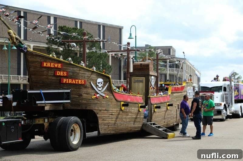 The impressive Krewe Des Pirates float, designed as a grand pirate ship, sails through the Lake Charles Mardi Gras parade.