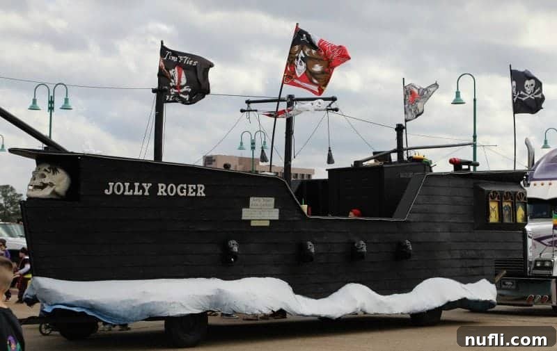 The Jolly Roger Pirate Ship Float, a detailed and vibrant spectacle, bringing pirate adventure to the streets of Lake Charles.