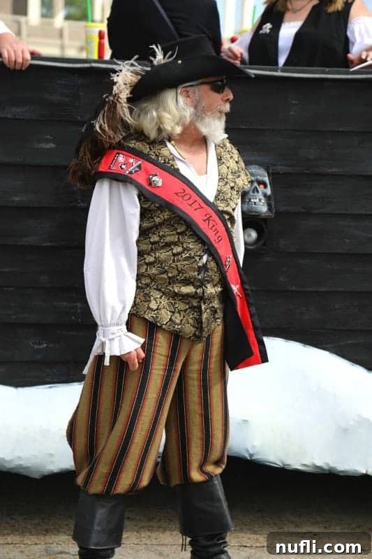 A Krewe King, resplendent in a full, elaborate pirate outfit, proudly participates in the Lake Charles Mardi Gras.