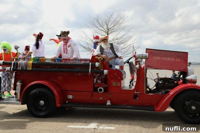 A unique Mardi Gras float designed as a firetruck, carrying costumed chefs, delights the crowds.