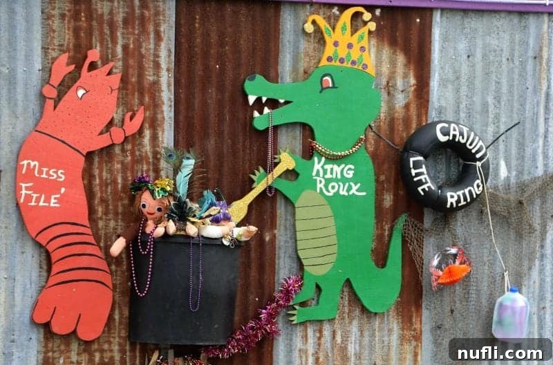 Vibrant crawfish and gator cut-outs adorn the side of a festive Mardi Gras float, celebrating Louisiana's unique wildlife and cuisine.