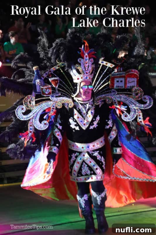 Rpyal Gala of the Krewe Lake Charles over a man dressed in Mardi Gras regalia