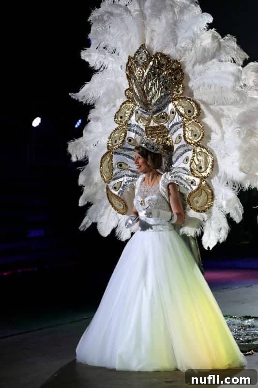 Mardi Gras Queen in white dress with tall feathery headdress