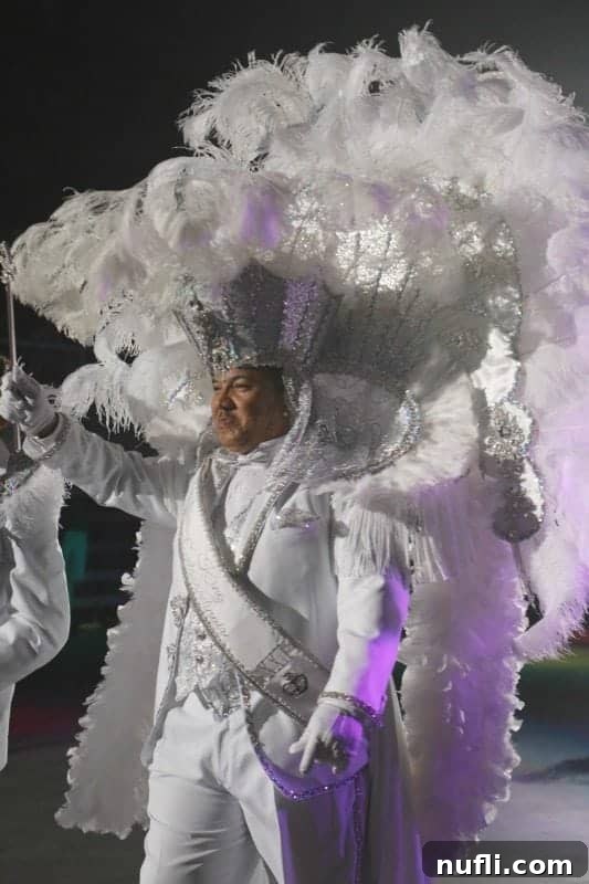 Mardi gras krewe king in white regalia 