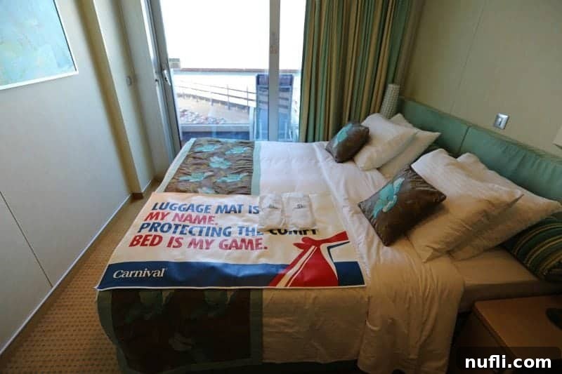 Carnival Cloud 9 spa stateroom bed with luggage mat, looking towards the balcony and ocean view