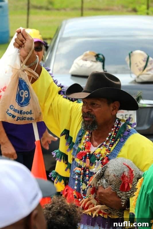 A man wearing Mardi Gras beads, holding a Kroger bag in one hand and a chicken in the other, embodying the spirit of the Chicken Run.