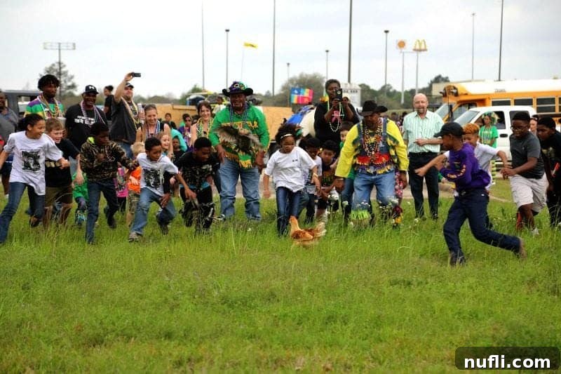 Excited children running joyfully after a chicken during the vibrant Mardi Gras celebration, a timeless scene of the Chicken Run.