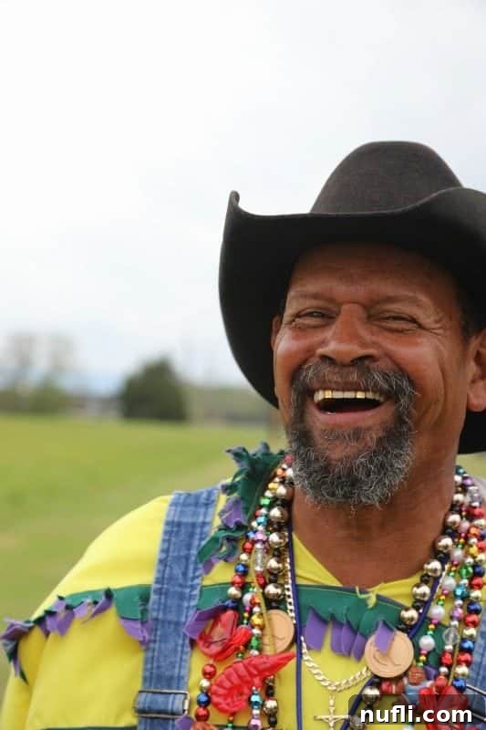 A man laughing heartily, adorned with Mardi Gras beads and a cowboy hat, perfectly capturing the festive mood of the celebration.