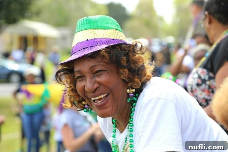 A group of women in festive Mardi Gras gear, laughing joyfully on the side of a decorated float, soaking in the celebratory atmosphere.