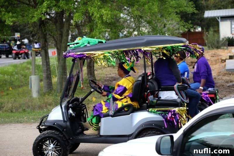 Another golf cart, vibrant with Mardi Gras decorations, showcasing the community's festive spirit and creativity.