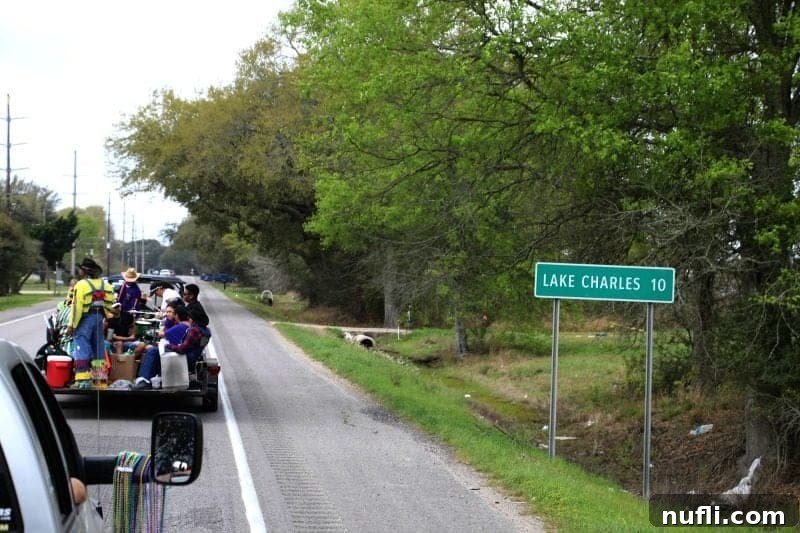 A scenic view of the road during Mardi Gras, with a sign indicating 'Lake Charles 10 miles' to the right, hinting at further festivities.