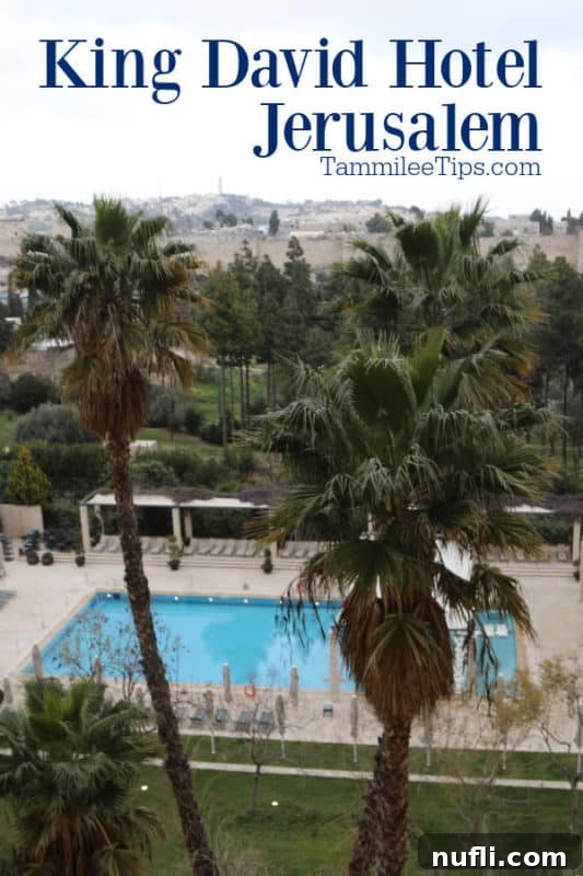 King David Hotel Jerusalem over pics of the outdoor pool and palm trees with Jerusalem in the background