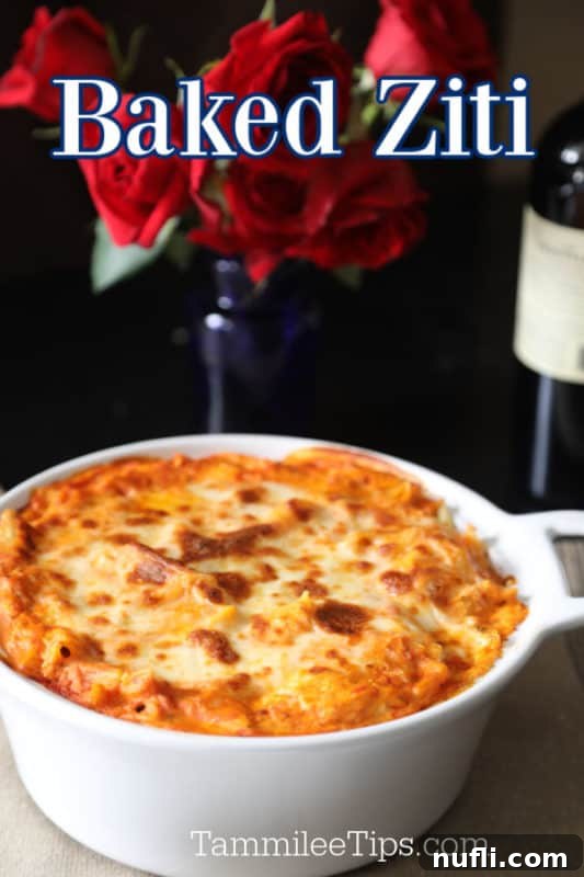 A golden-brown baked ziti in a white casserole dish, garnished with fresh basil, next to a vase of soft pink roses, creating an inviting and elegant comfort food scene.
