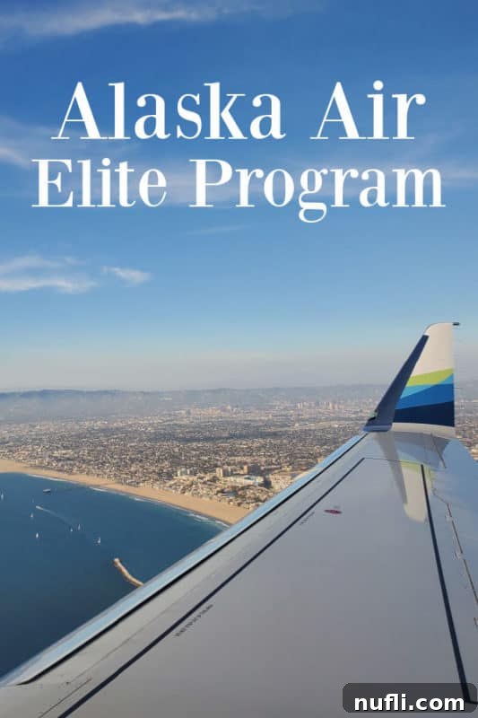Alaska Airlines plane wing with 'Elite Leave' program graphic overlay, symbolizing loyalty and family support